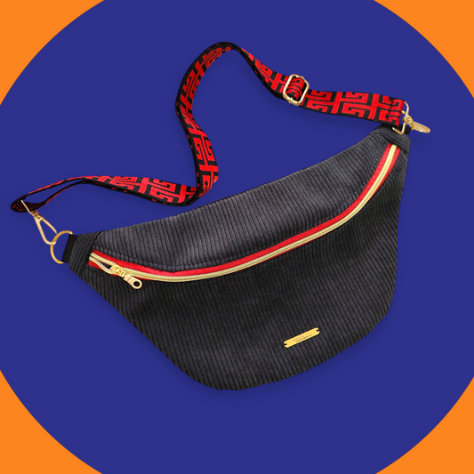 Sac banane velour côtelé noir détail rouge
