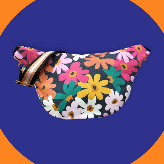 Sac banane motif fleur rétro capot velour côtelé jaune moutarde