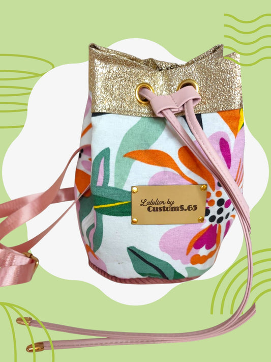 Sac seau tissu fleur multi cuir vegan doré