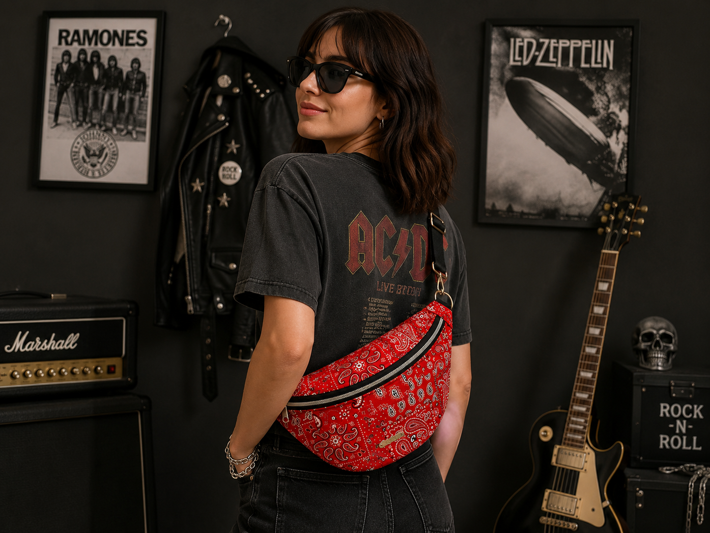 Sac banane tissu bandana rouge sangle noire