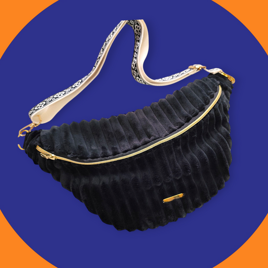 Sac banane velour grosse cĂ´te noir sangle beige noir
