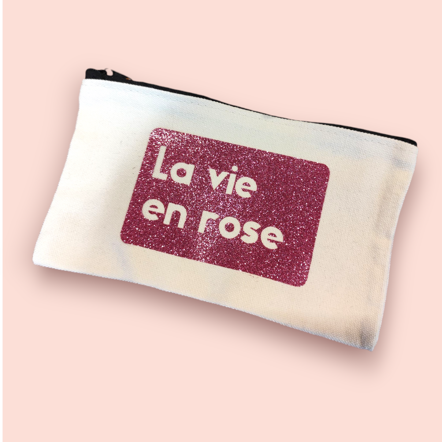 Petite Pochette à Zip écru "La vie en rose" rose pailleté