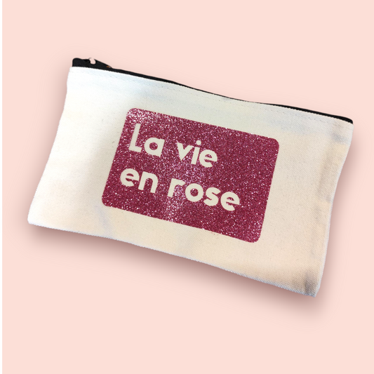 Petite Pochette à Zip écru "La vie en rose" rose pailleté