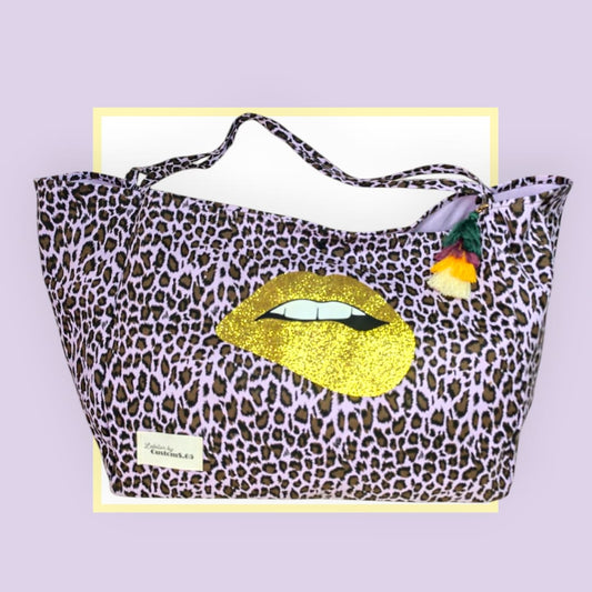Sac Cabas léopard parme bouche paillettes doré