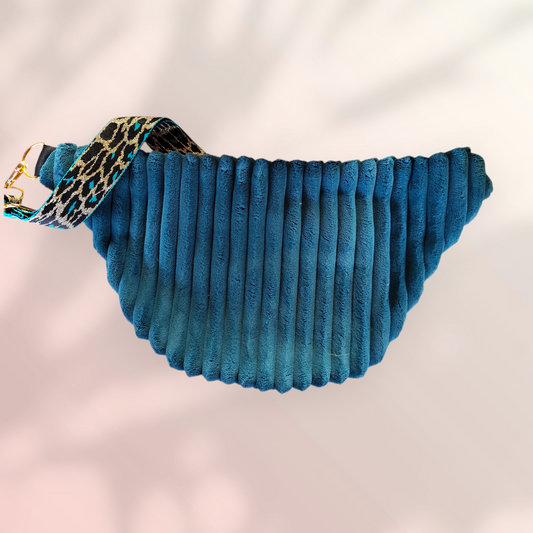 Sac banane velour très grosse côte bleu canard