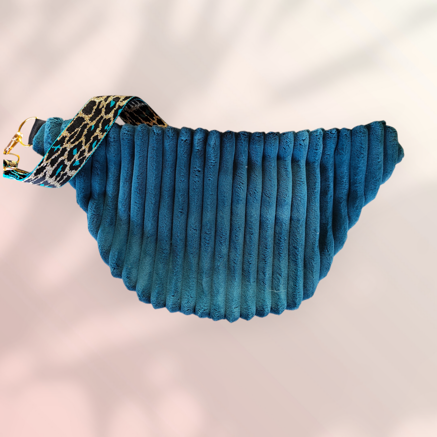 Sac banane velour très grosse côte bleu canard