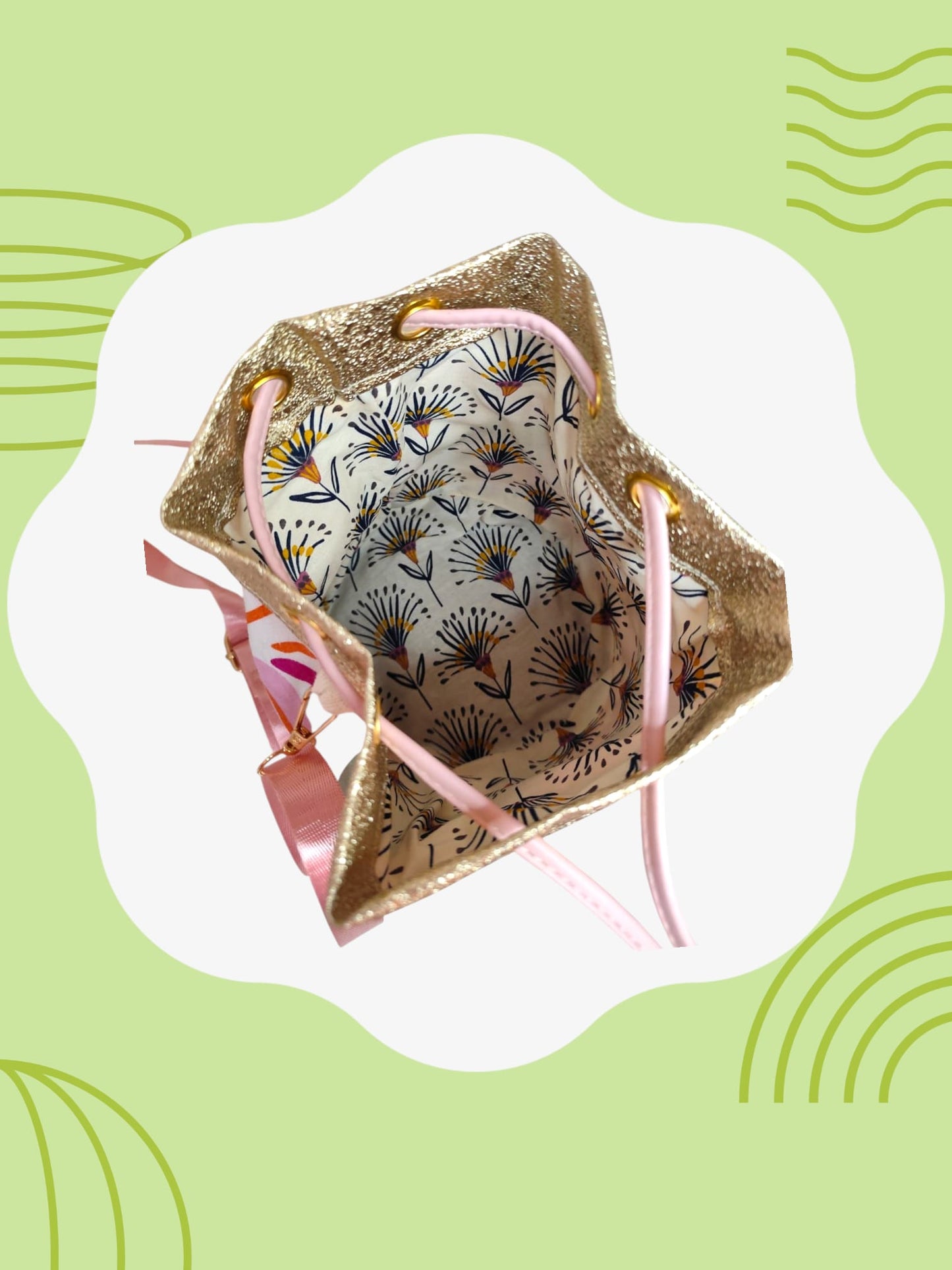 Sac seau tissu fleur multi cuir vegan doré