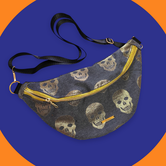 Sac banane grise motif skull or