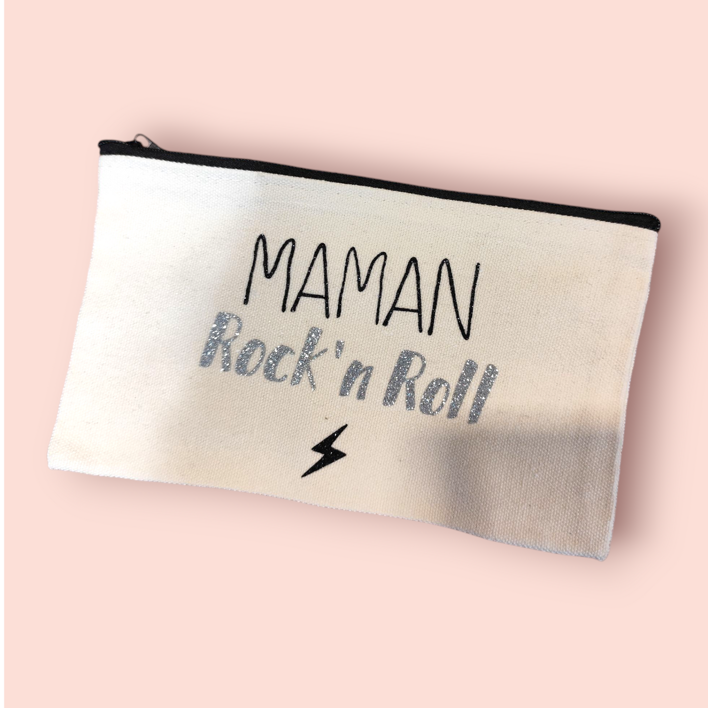 Petite Pochette à Zip écru "MAMAN Rock'n Roll" noir et argenté