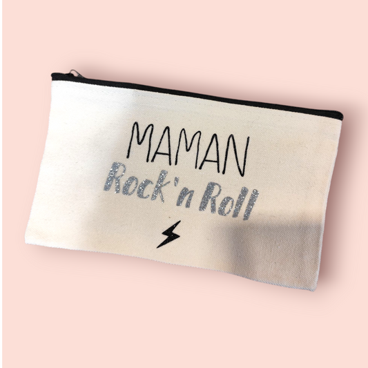 Petite Pochette à Zip écru "MAMAN Rock'n Roll" noir et argenté