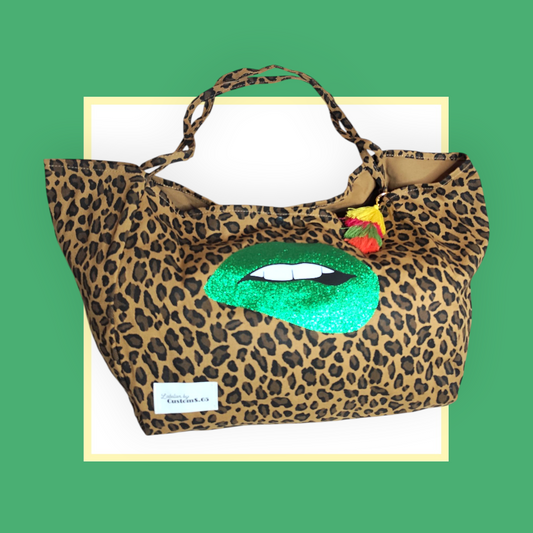 Sac Cabas léopard marron bouche vert pailletté