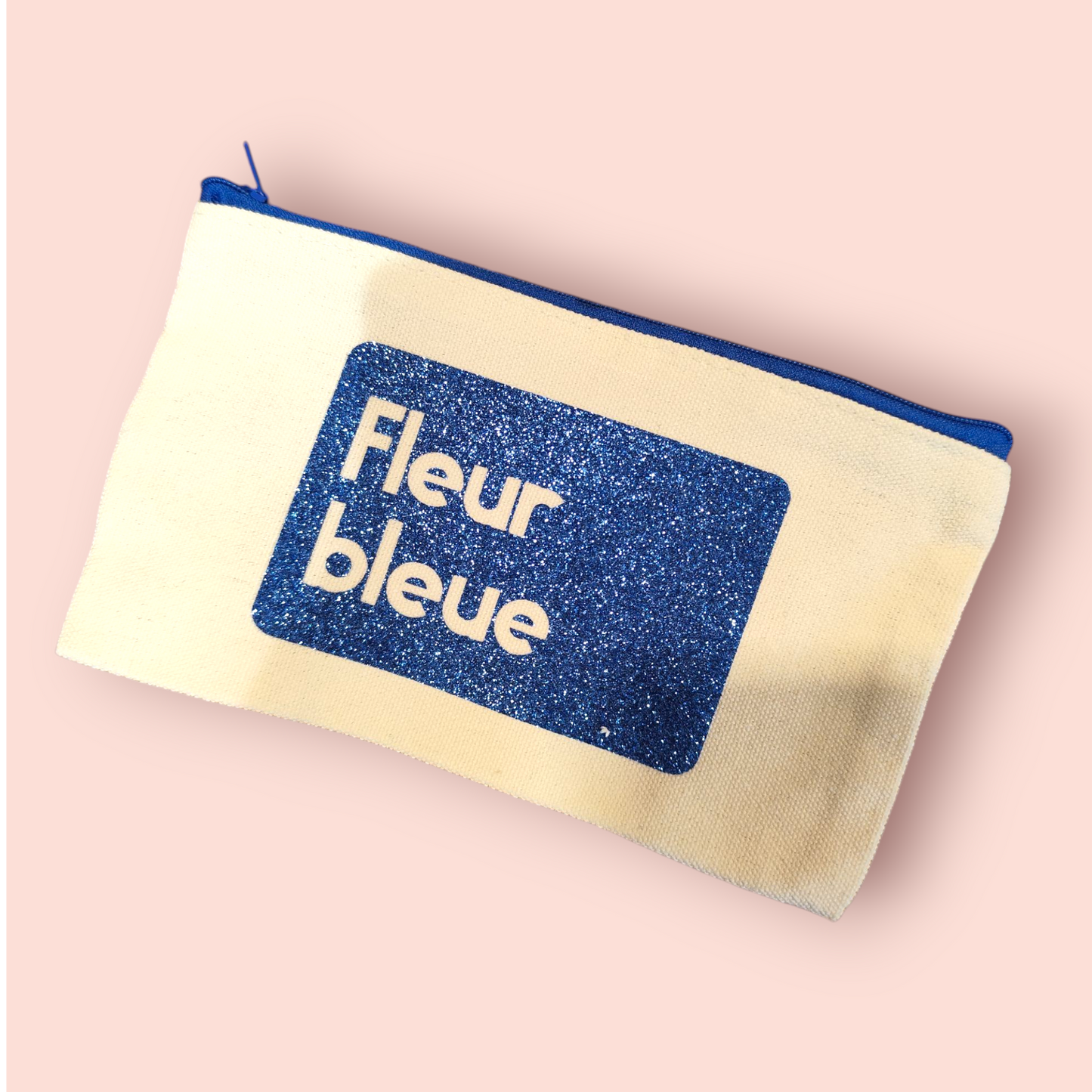 Petite Pochette à Zip écru "Fleur bleue" bleu pailleté