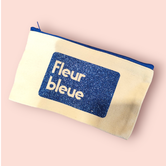 Petite Pochette à Zip écru "Fleur bleue" bleu pailleté