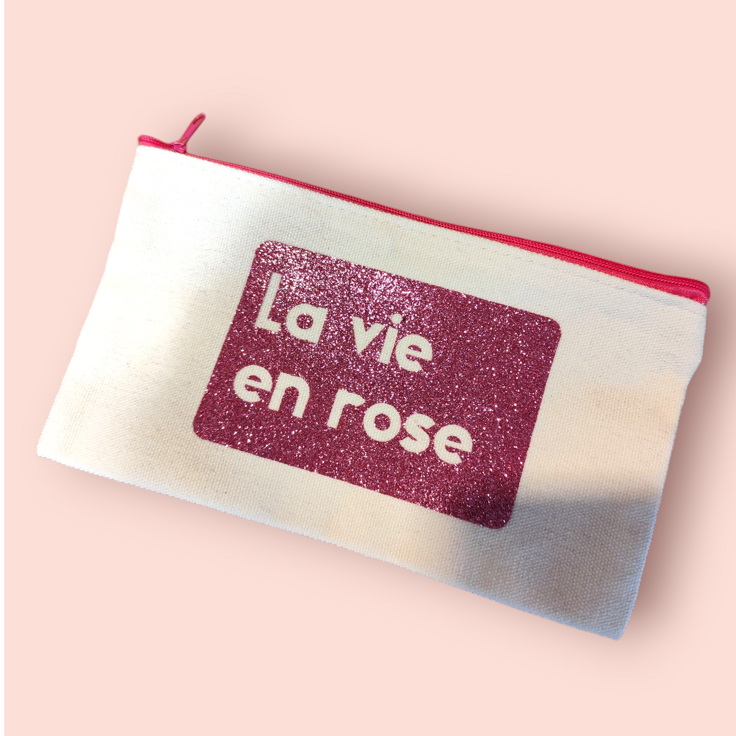 Petite Pochette à Zip écru "La vie en rose" rose pailleté