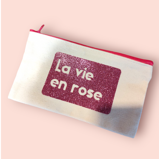 Petite Pochette à Zip écru "La vie en rose" rose pailleté
