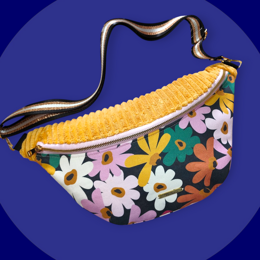 Sac banane motif fleur rétro capot velour côtelé jaune moutarde