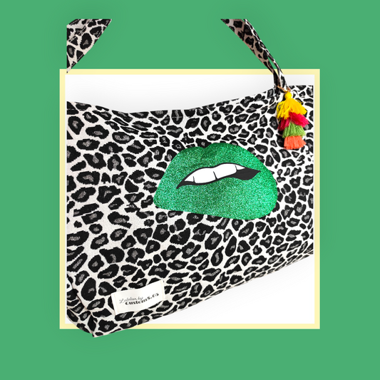 Sac Cabas léopard gris noir bouche verte pailleté
