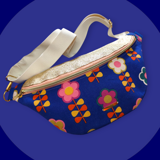 Sac banane bleue motif fleur vintage capot cuir vegan doré