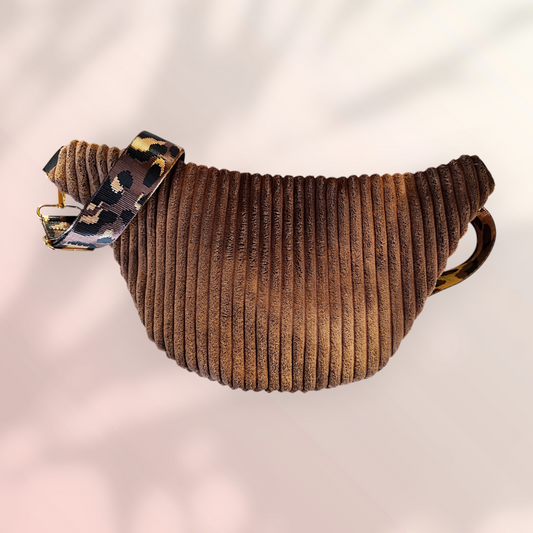 Sac banane velour grosse côte marron sangle léopard