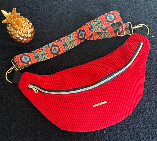 Sac banane XXL velour fine côte rouge