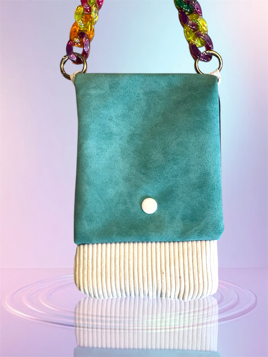 Pochette téléphone rabat bleu canard pochette velour blanc