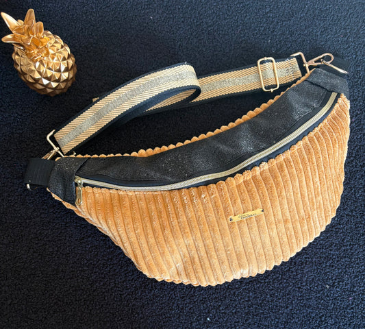 Sac banane XXL velour grosse côte moutarde capot noir pailleté