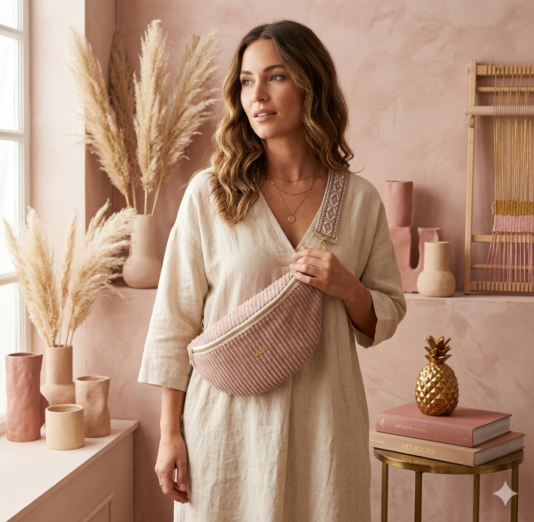 Sac banane XXL velour côtelé rose pâle