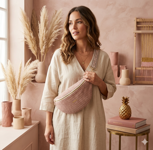 Sac banane XXL velour côtelé rose pâle
