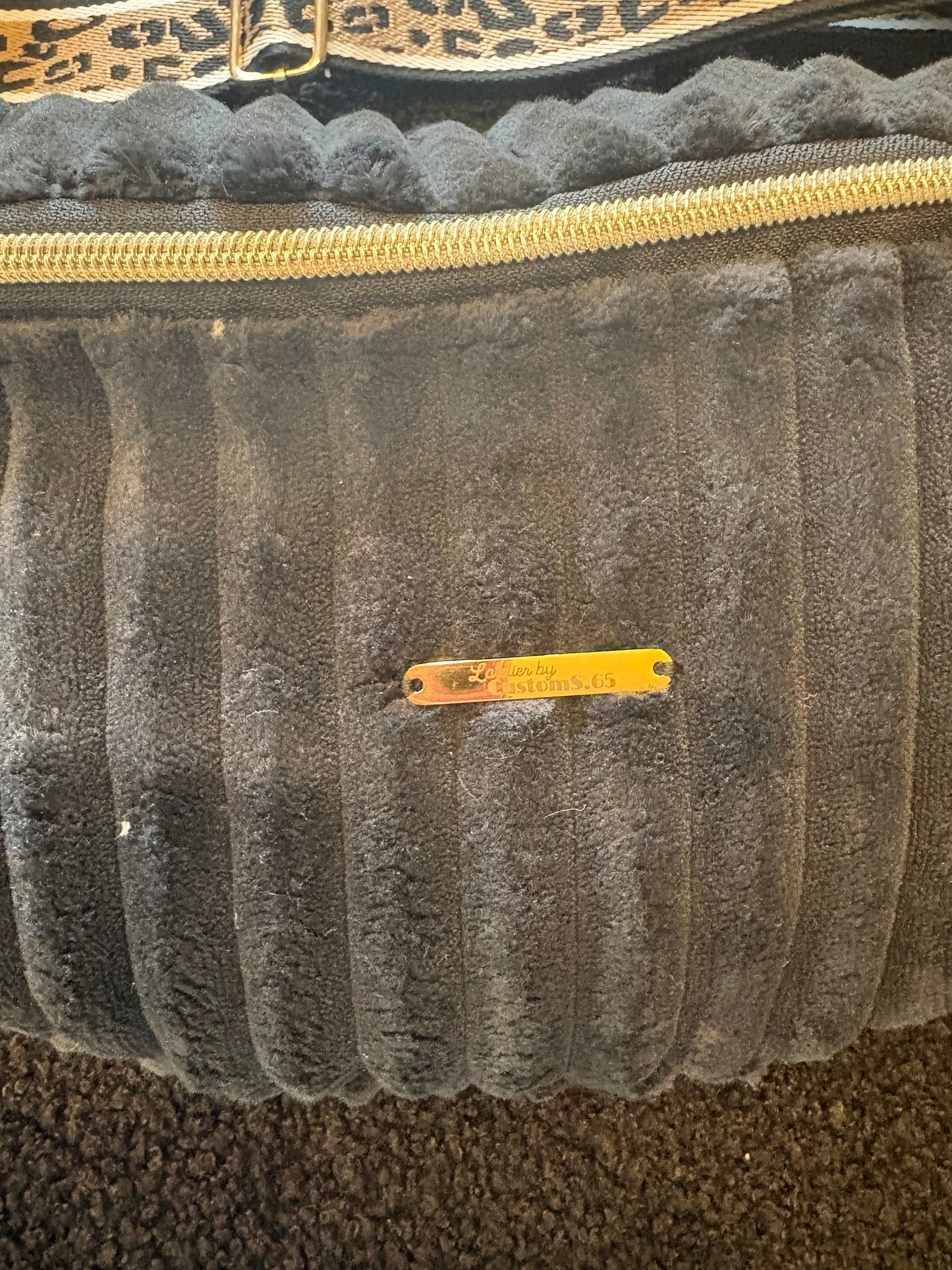 Sac banane XXL velour trés grosses côtes noire sangle léopard