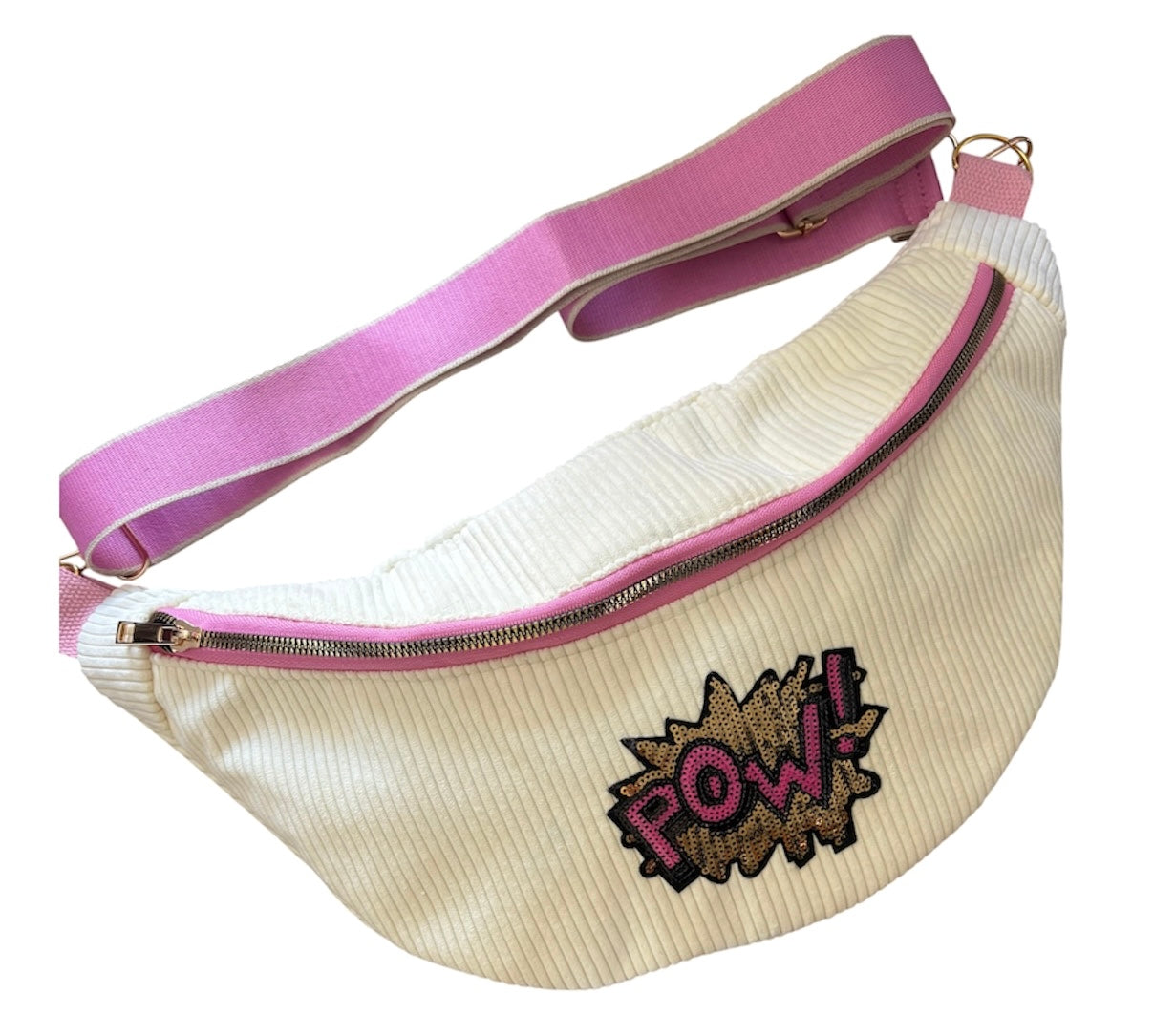 Sac banane XXL blanc et rose avec patch POW