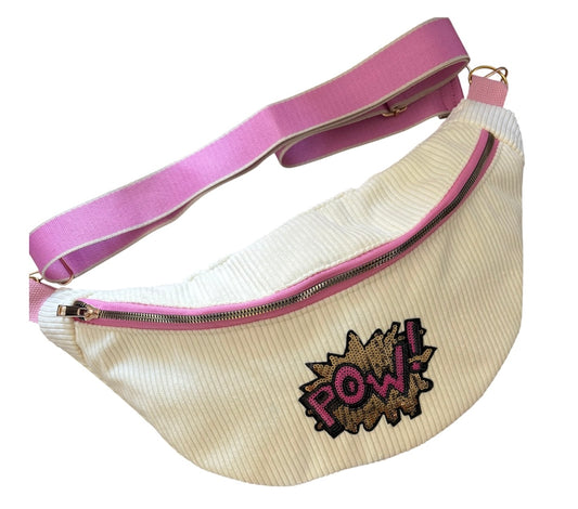 Sac banane XXL blanc et rose avec patch POW