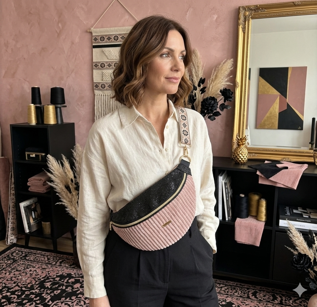 Sac banane XXL velour côtelé vieux rose capot noir pailleté
