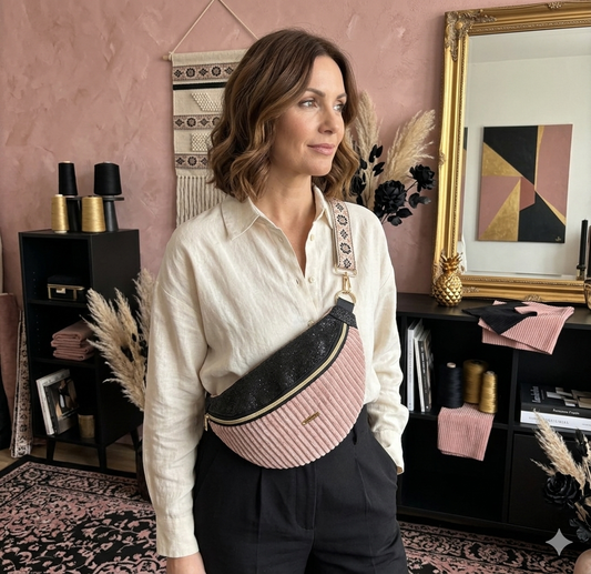 Sac banane XXL velour côtelé vieux rose capot noir pailleté
