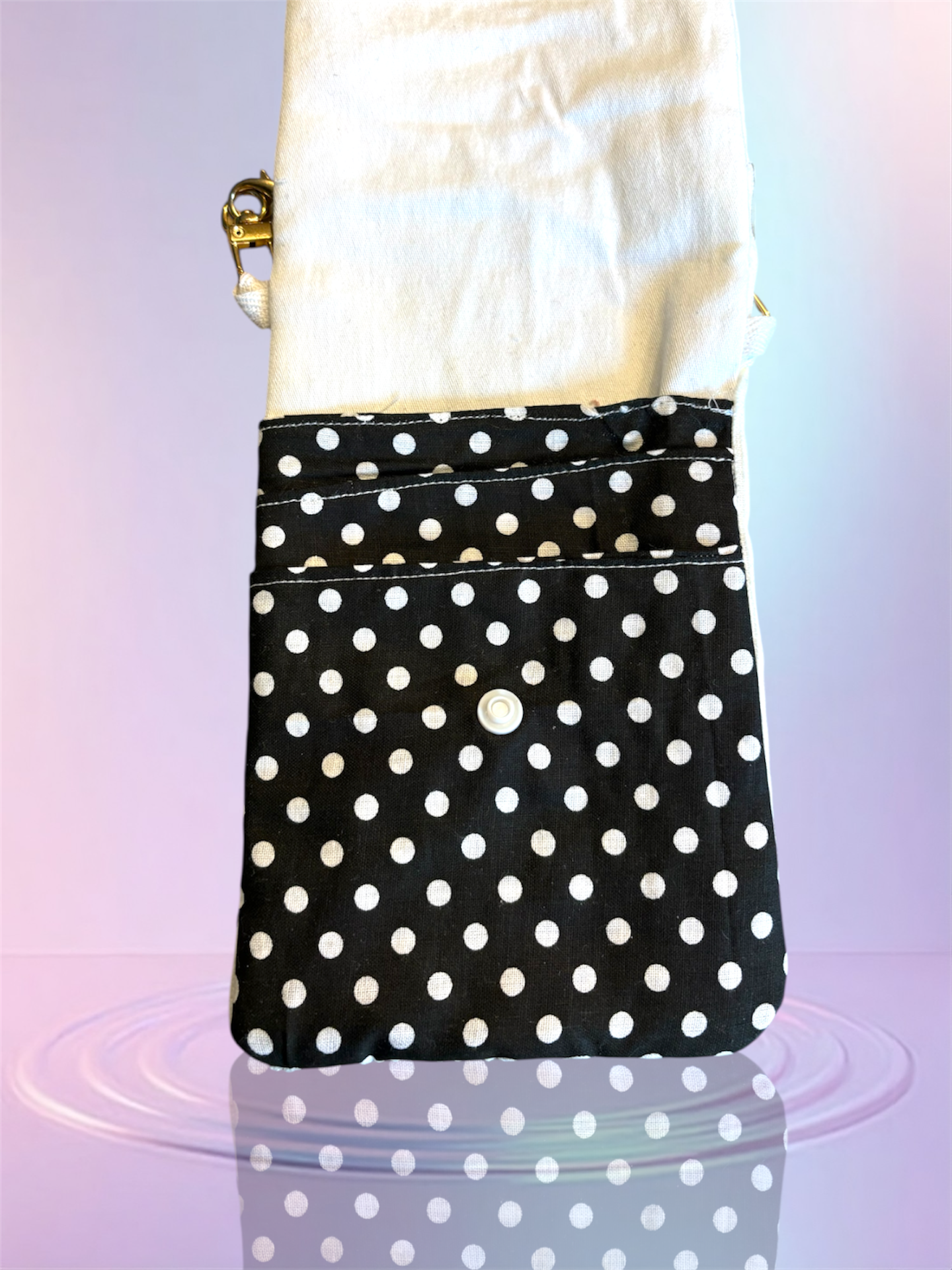 Pochette téléphone rabat velour blanc pochette noire a pois blanc