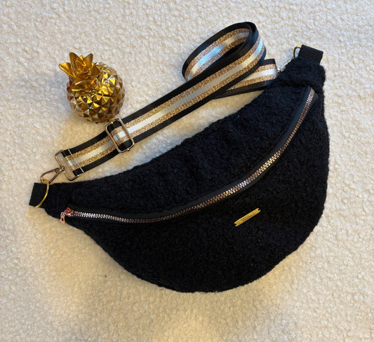 Sac banane XXL moumoute noire sangle noire et dorée