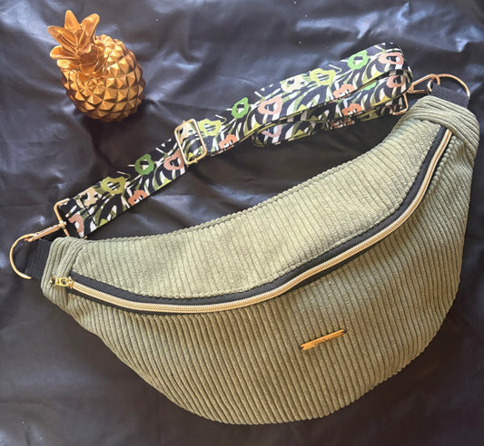 Sac banane XXL velour côtelé kaki sangle fleurie