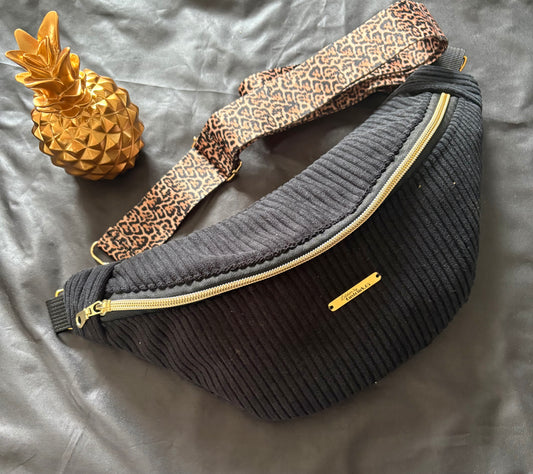 Sac banane S velour côtelé noire sangle léopard