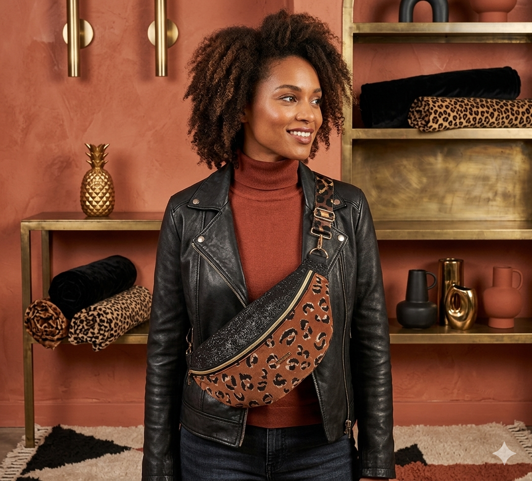 Sac banane XXL velour côtelé léopard capot noir pailleté sangle léopard