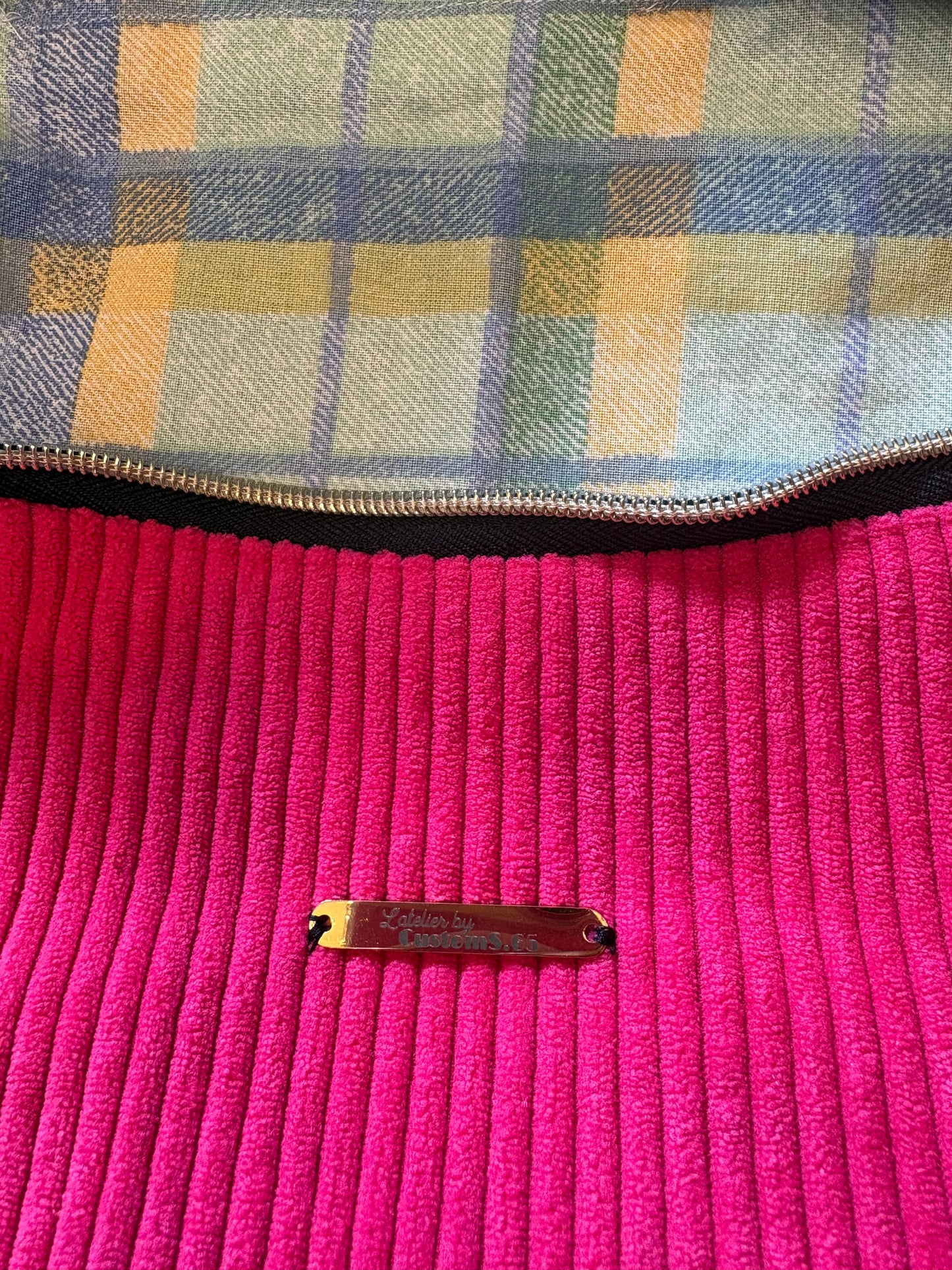 Sac banane XXL velour fine côte fushia capot doré sangle léopard