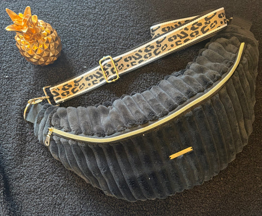 Sac banane XXL velour trés grosses côtes noire sangle léopard