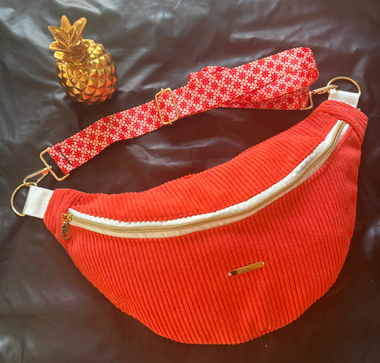 Sac banane XXL velour côtelé rouge orangé