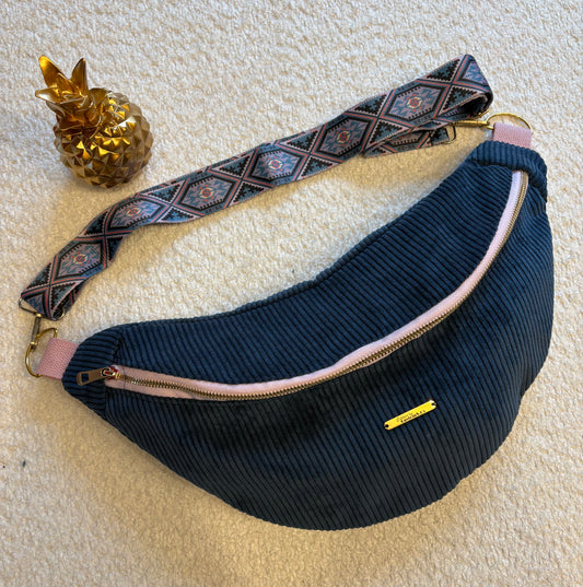 Sac banane XXL fine côte bleu sangle bleu/rose