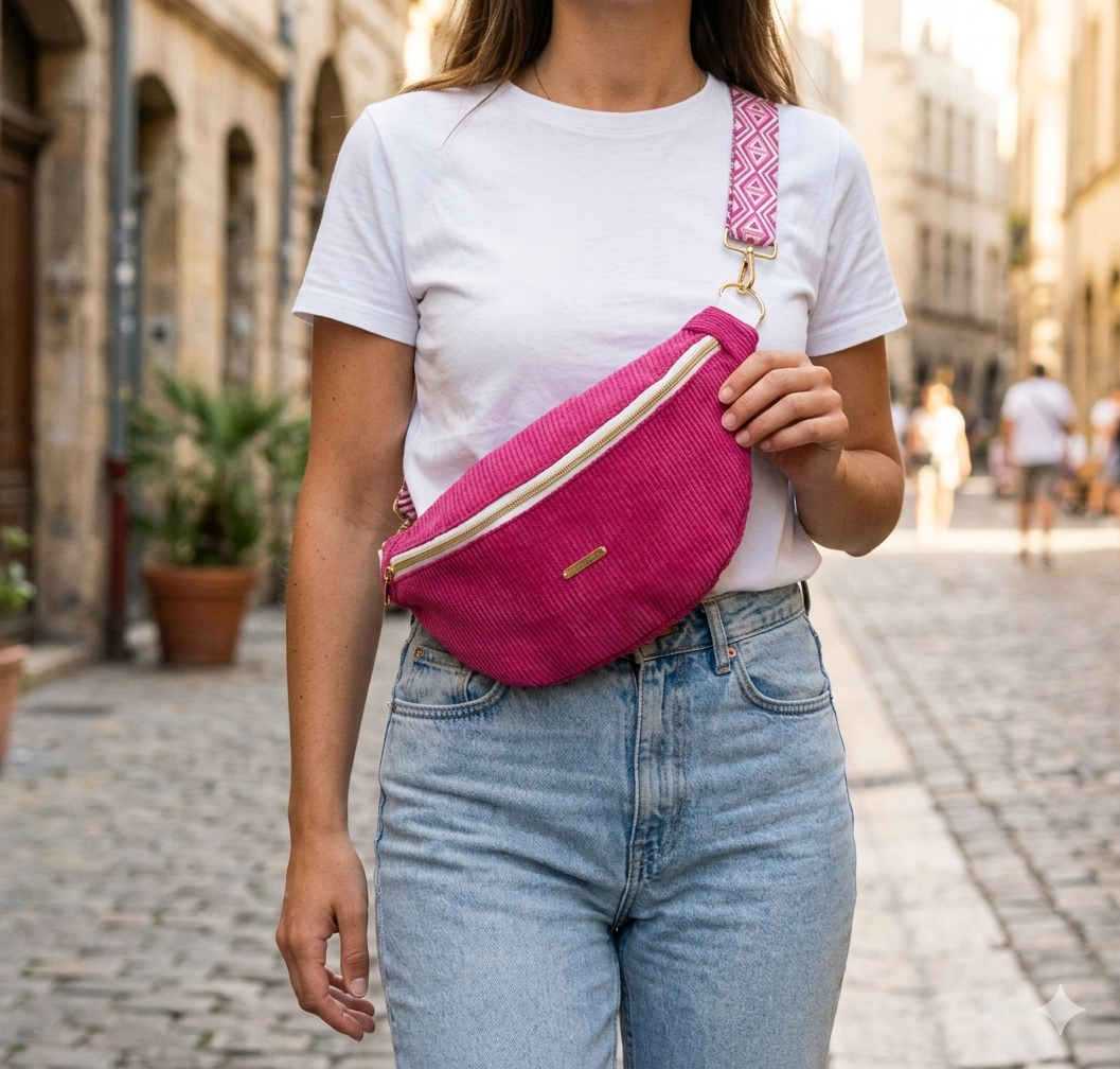 Sac banane XXL velour côtelé rose fushia