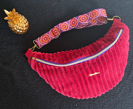 Sac banane XXL velour trés grosse côte fushia sangle fushia et violet