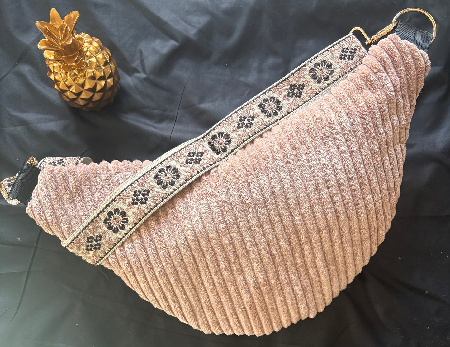 Sac banane XXL velour côtelé vieux rose capot noir pailleté
