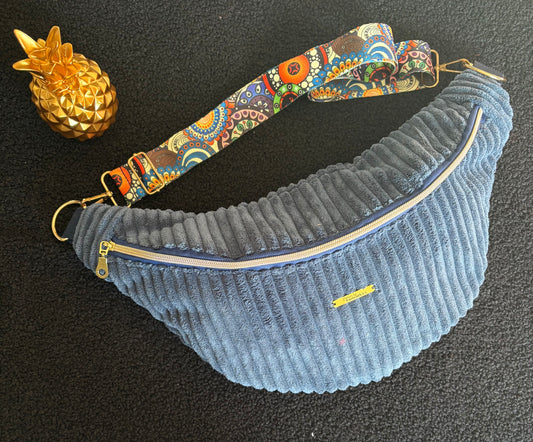 Sac banane XXL velour grosse côte bleu