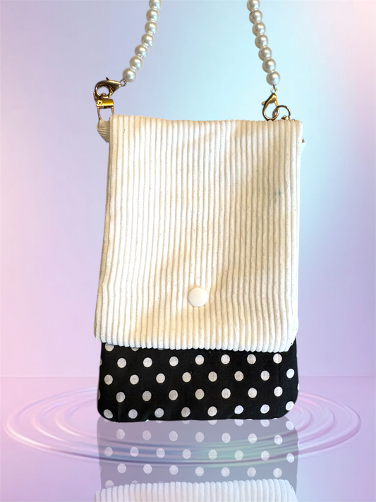 Pochette téléphone rabat velour blanc pochette noire a pois blanc