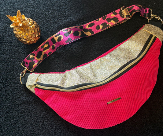 Sac banane XXL velour fine côte fushia capot doré sangle léopard