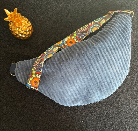 Sac banane XXL velour grosse côte bleu