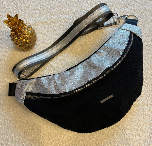 Sac banane fine côte noire capot argenté sangle noir/argent